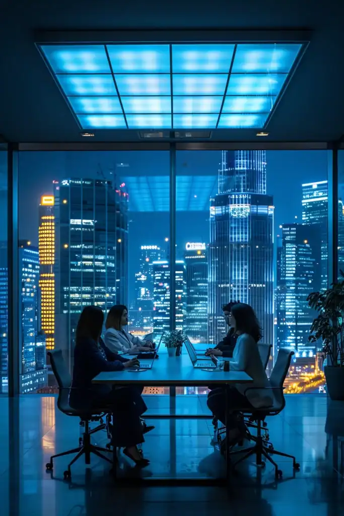 Bannières d'entreprise moderne avec vue sur la ville de nuit, salle de réunion professionnelle, ambiance urbaine high-tech.